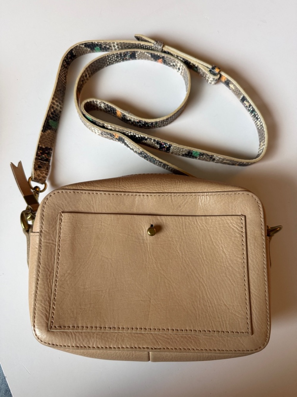 Madewell Beige Leather Crossbody with Patterned Strap